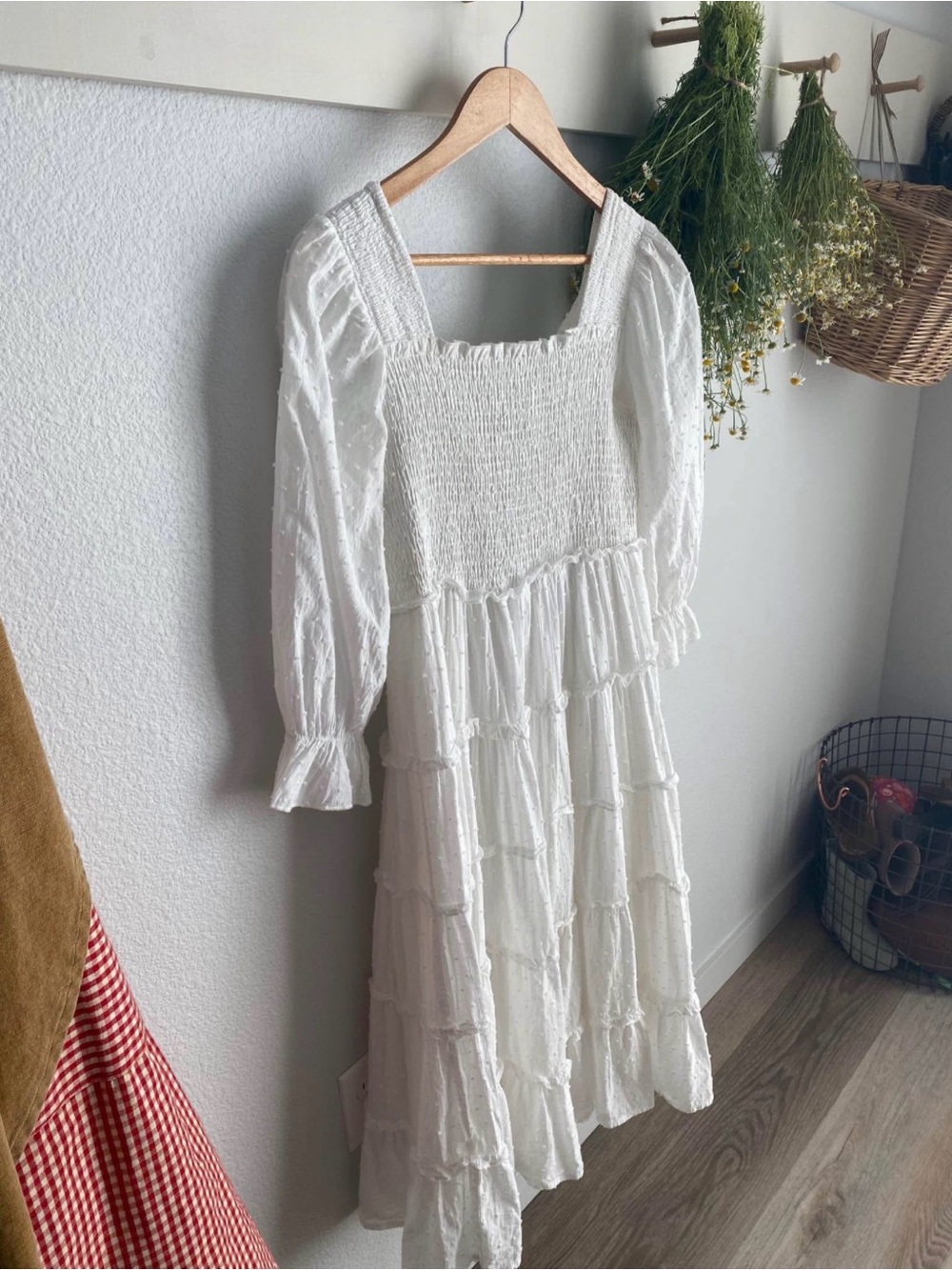 Marigold White Smocked Tiered Midi Dress - Women's